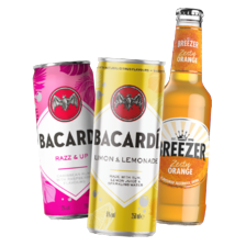 Bacardi Breezer of Bacardi razz & up, rum & cola of limon & lemonade